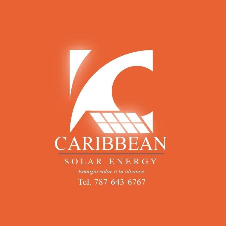 Logo of Caribbean Solar Energy with contact information and tagline in Spanish on an orange background.