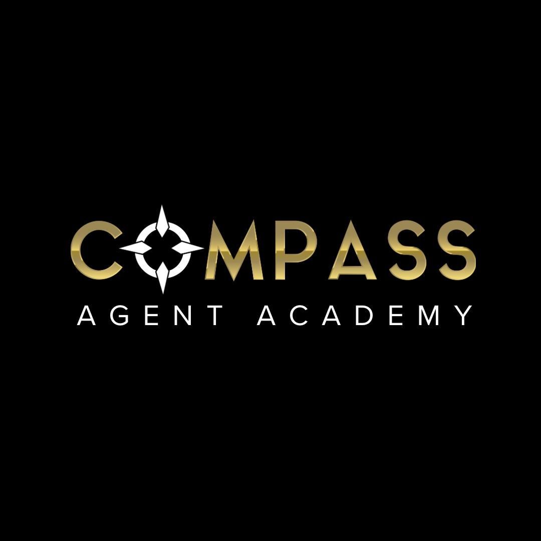 Logo of Compass Agent Academy with gold letters and a compass graphic on a black background.