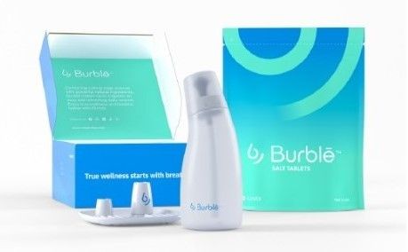 Burble product setup including salt tablets packet, bottle, and packaging displayed on a white background.